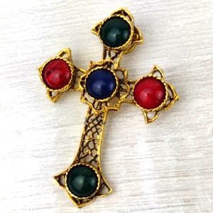 Bryzantine Red Green & Blue Gold Tone Cross Pin